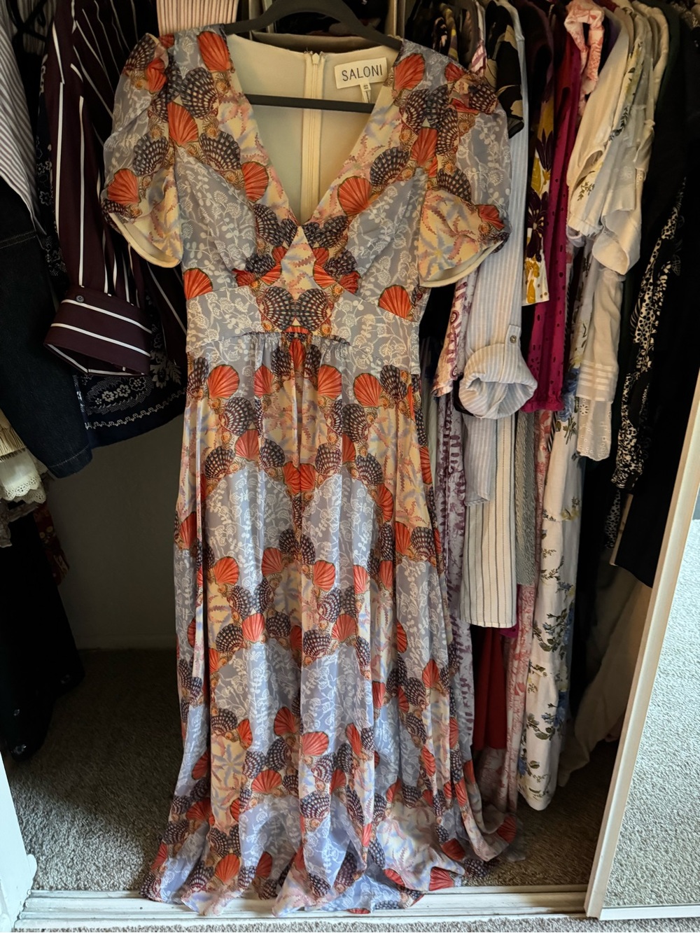 SALONI Coral and Light Blue Shell-Print Maxi Dress